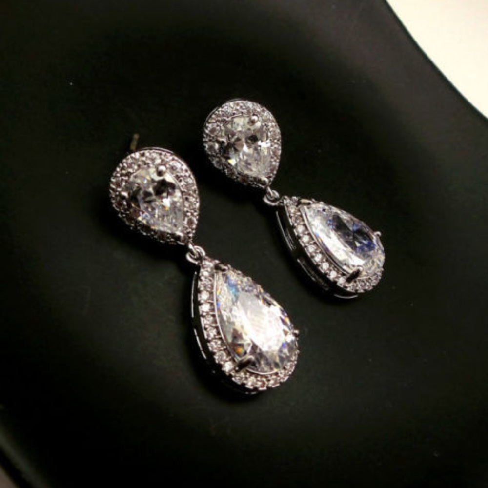 White Gold Plated Rhinestone Statement Earrings - Picture 2 of 6